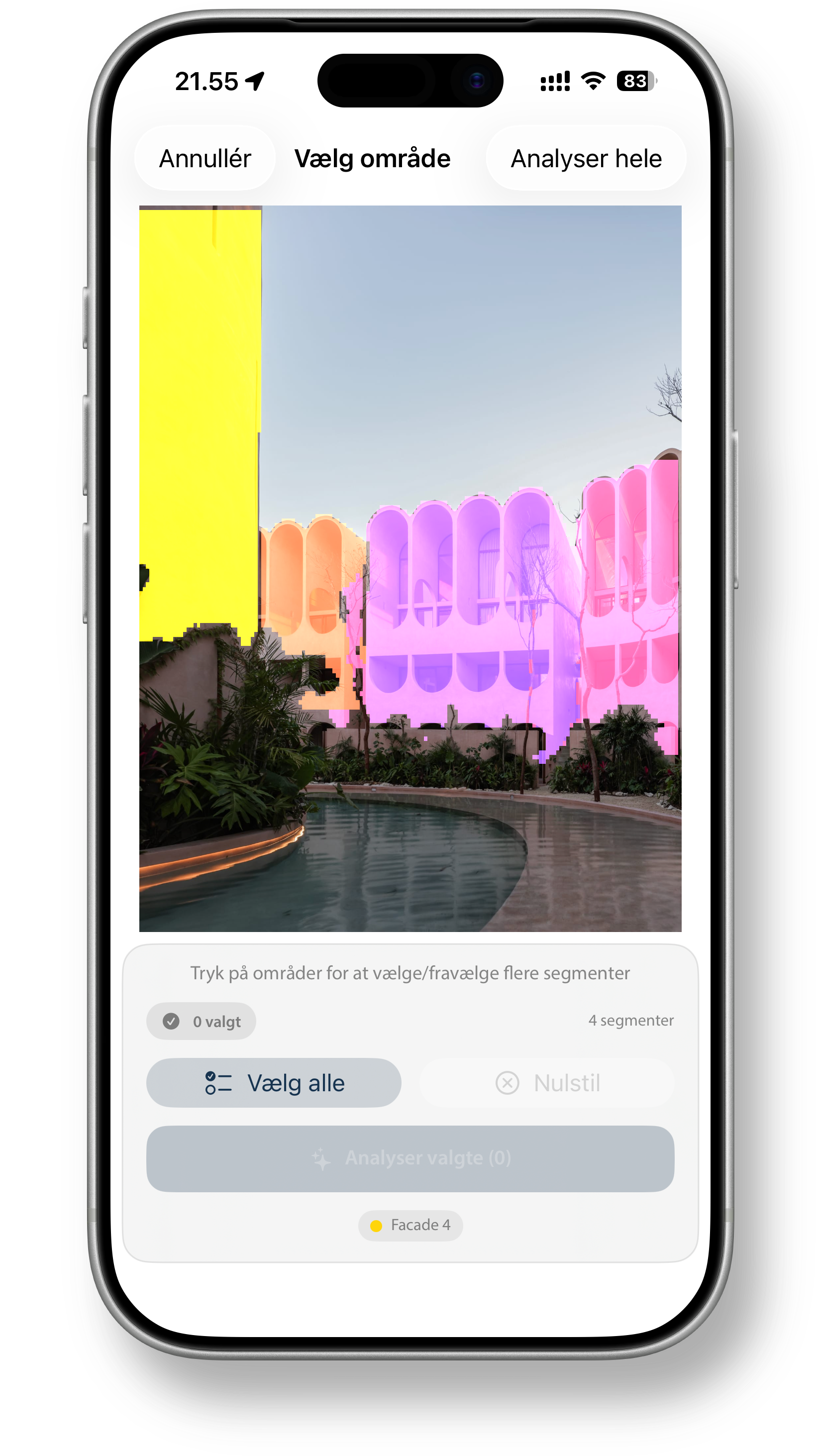 CoreML segmentation isolating the facade with colored overlays