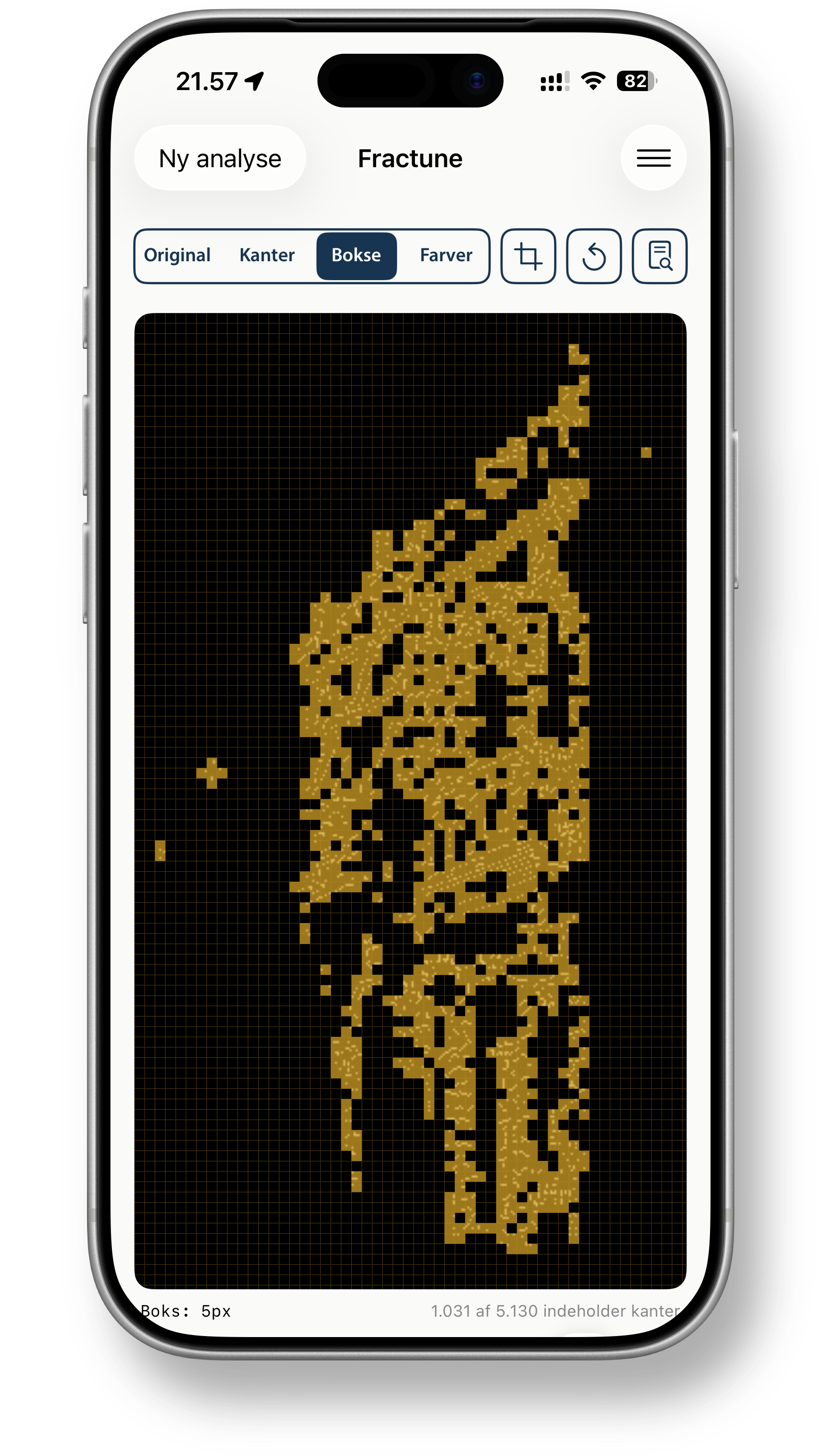 Box-counting visualization, gold boxes covering the facade edges